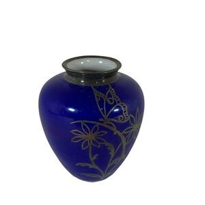 Vtg Enamel Silver Hutschenreuther Hohenberg Germany 8” Blue Butterfly Bud Vase